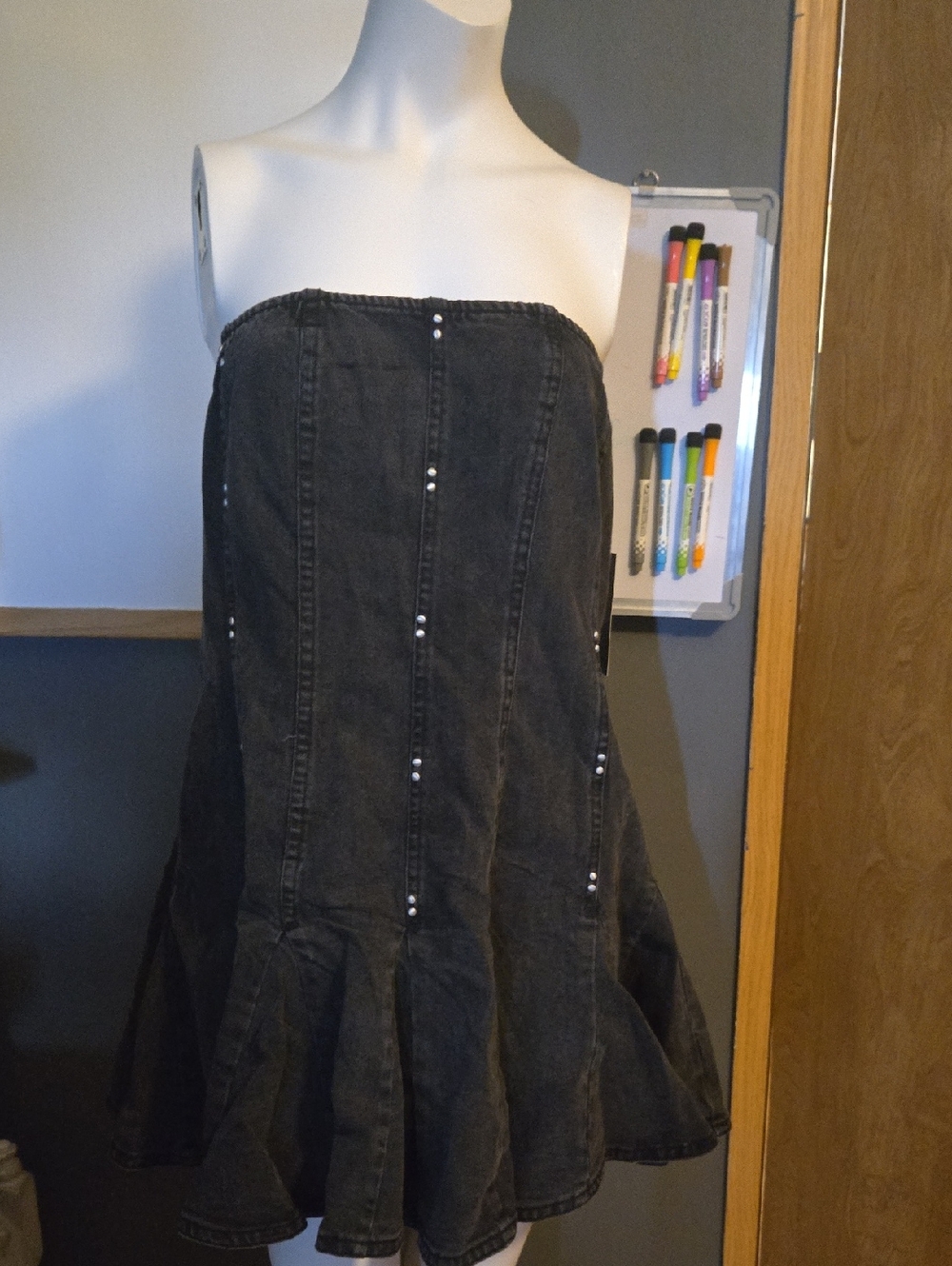 Zip Up Straplesa Jean Black Dress With Silver Gems